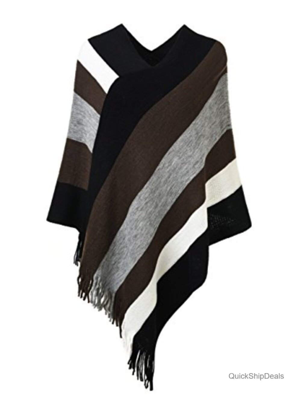 Ferand Striped Knit Poncho Sweater Fringe Shawl Wrap Pullover